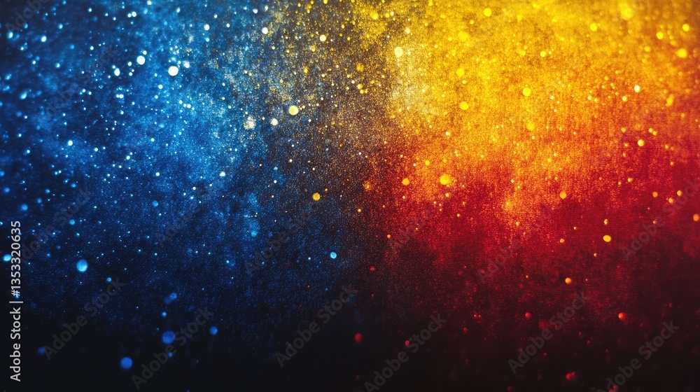 Poster vibrant abstract background featuring a blend of blue, yellow, and red particles creating a dynamic 