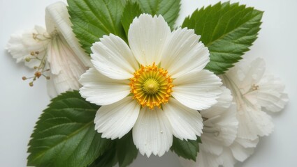 Delicate White Flower with Vibrant Yellow Center Surrounded by Lush Green Leaves
