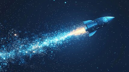 Obraz premium Futuristic rocket launching into space, leaving glowing trail.