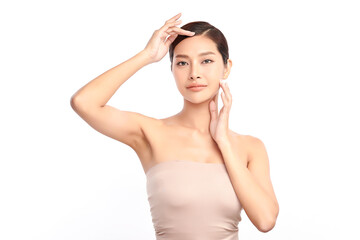 Beautiful Young Asian woman Raises her hands to Showcase clean and hygienic underarms Against a white background, Smooth armpit cleanliness and protection concept