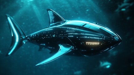 Naklejka premium Futuristic Cybernetic Shark Gliding Through a Teal Lit Underwater World