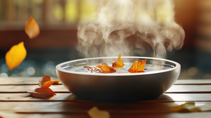 serene bowl filled with steaming water and floating autumn leaves creates tranquil atmosphere, evoking feelings of relaxation and warmth. gentle steam rises, enhancing peaceful setting