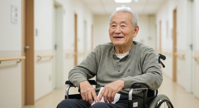 Smiling elderly man in wheelchair posing in long bright hospital corridor