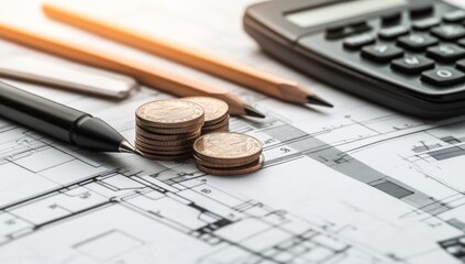 Financial planning for construction projects.  Stacks of coins, pencils, calculator and architectural blueprints