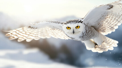 Majestic snowy owl in mid flight, wings perfectly spread, showcasing its striking yellow eyes against soft, snowy background. scene evokes sense of freedom and grace