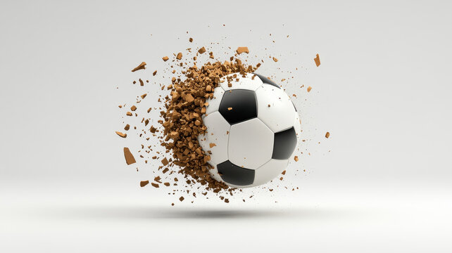 soccer ball shatters into pieces mid air, creating dynamic and visually striking scene. explosion of debris adds excitement and energy to , capturing intensity of moment