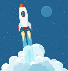 A white and red rocket ship taking off into space at night