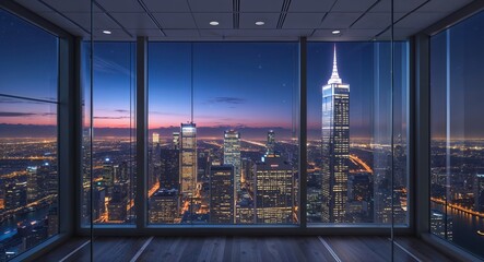 Highrise office with panoramic night view of city skyscrapers through glass wall