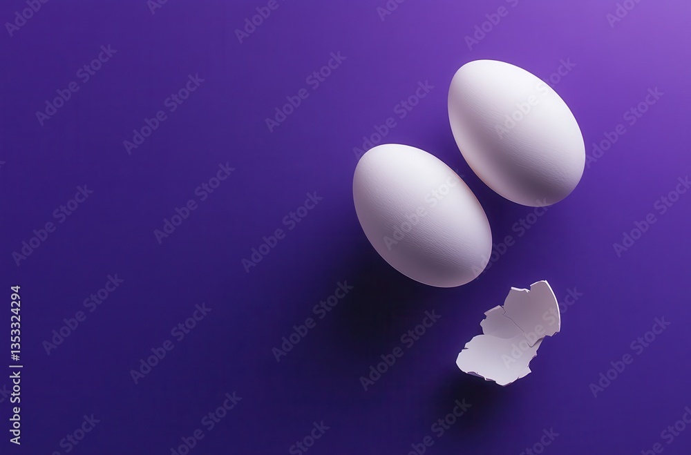 Poster two white eggs surrounded by an empty shell on a vibrant purple background for creative culinary and