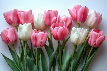 Fototapeta premium Pink and White Tulips Minimalist White Background Floral Arrangement