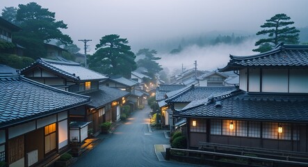 Idyllic Japanese village with tiled rooftops under morning fog