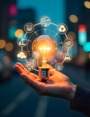 Igniting Ideas  A Hand Holding a Bright Light Bulb.