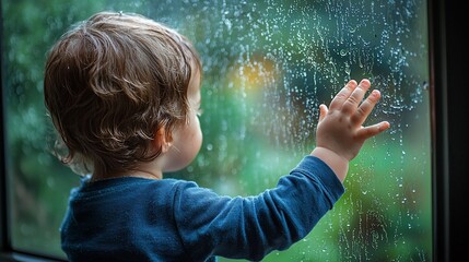 Toddler looking at rain through window.