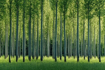 A lush green forest of tall trees with sunlight filtering through