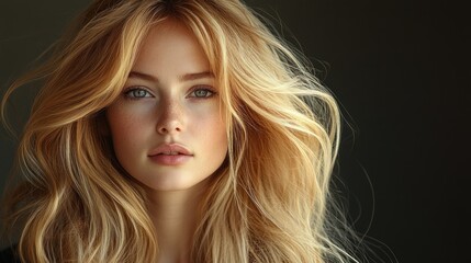 Fototapeta premium Stunning profile portrait of a woman with long flowing blonde hair and serene expression in a minimalist setting