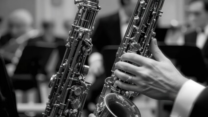 Fototapeta premium Musician Playing Saxophone on Stage During Live Orchestra Performance in Black and White