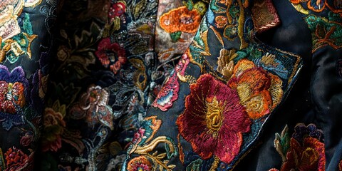A vintage brocade jacket with detailed floral embroidery in deep hues