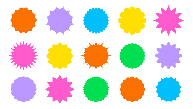 Star round sticker tag icon shape set. Circle starburst label shape for promo, sale, price offer badge sticker. Round tag shape vector icon. Sale, promo label graphic design. Vector illustration.