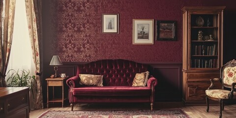A vintage-inspired living room with deep burgundy walls and damask-patterned wallpaper