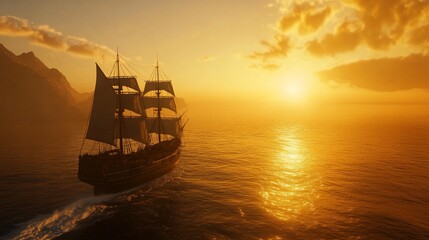 Obraz premium Golden Horizon: Sailboat Journey at Sunset, A Timeless Maritime Adventure