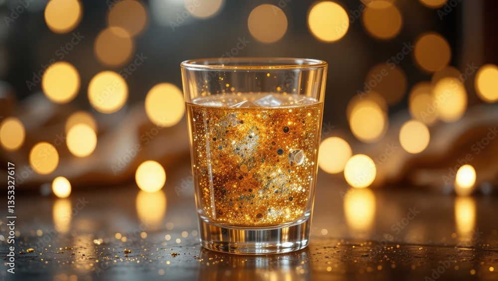 Aufkleber sparkling golden beverage in a clear glass with soft bokeh background and warm ambient light