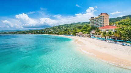 Idyllic Beach Resort in Jamaica with Turquoise Water and Sandy Shoreline