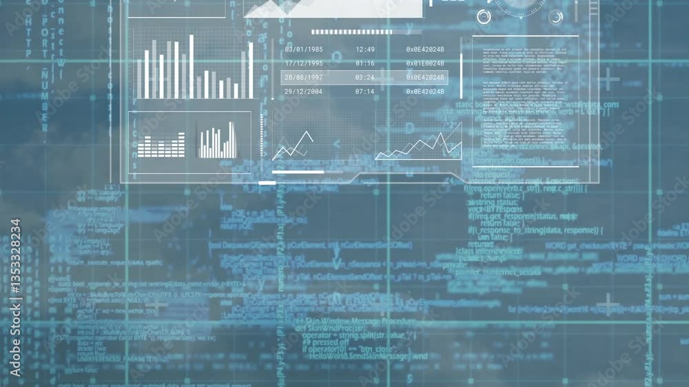 Aufkleber displaying data charts and world map, digital interface with blue coding animation
