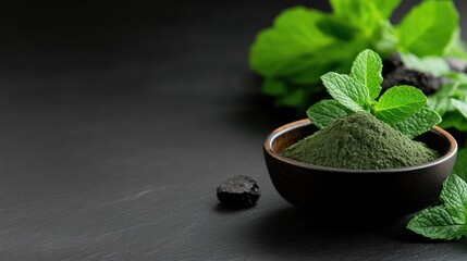 Dark green powder with fresh mint leaves on dark surface