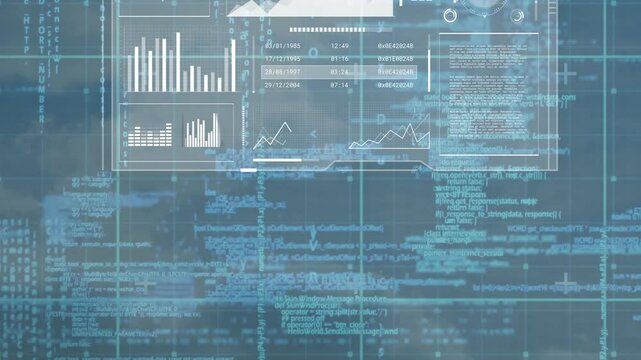 Displaying data charts and world map, digital interface with blue coding animation