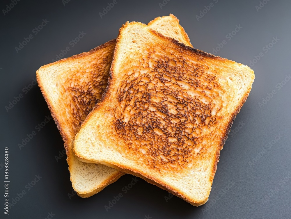 Poster two perfectly toasted slices of golden-brown bread overlapping slightly on a dark gray surface creat