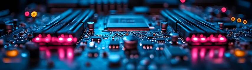 Fototapeta na wymiar Macro photograph of a computer motherboard with glowing colorful lights