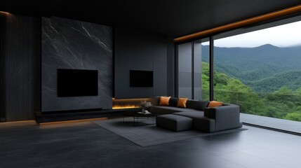 Dark, modern living room with mountain view.  Sleek, minimalist design.  Dark gray tones, marble accents, and comfortable seating.  Large windows showcase the stunning scenery