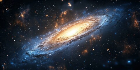 An elegant galaxy with floating gold and blue nebulas, creating a sense of grandeur