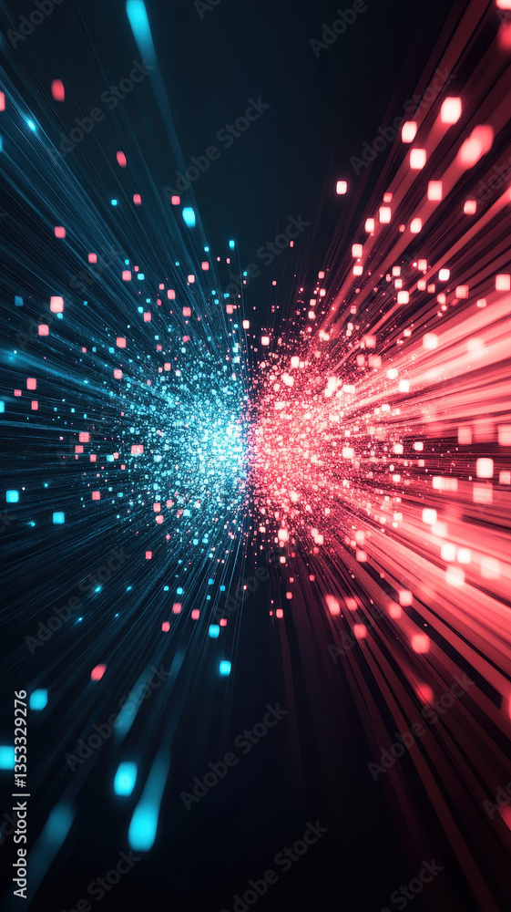 Poster vibrant digital particles burst contrasting blue and red hues, creating dynamic visual effect that e
