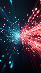 Naklejka premium Vibrant digital particles burst contrasting blue and red hues, creating dynamic visual effect that evokes sense of energy and movement. This abstract representation captures essence