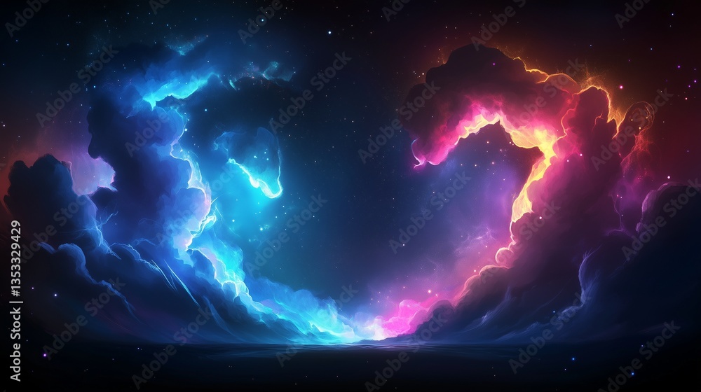 Poster a celestial dreamscape with soft clouds floating over a midnight blue background. subtle golden high