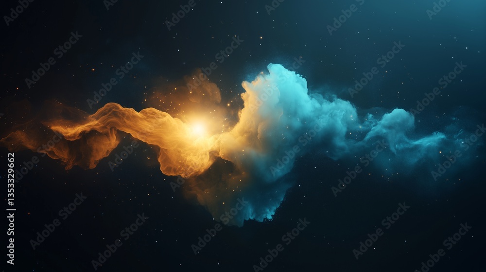 Poster a celestial dreamscape with soft clouds floating over a midnight blue background. subtle golden high