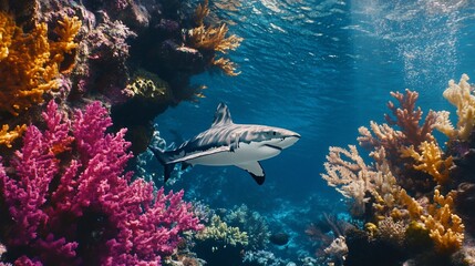 Majestic Great White Shark Gliding Through Vibrant Coral Reef Ecosystem