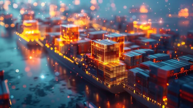 Artistic visualization of interconnected supply chain nodes where efficiency visualized through radiant blueprints of seamless operations