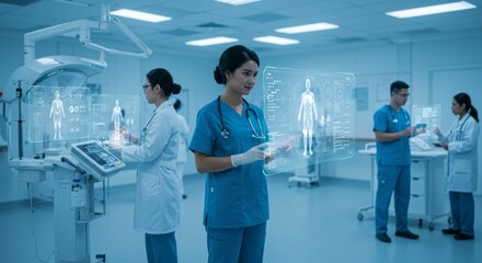 Obraz premium Medical team analyzing patient data on digital interface in operation room