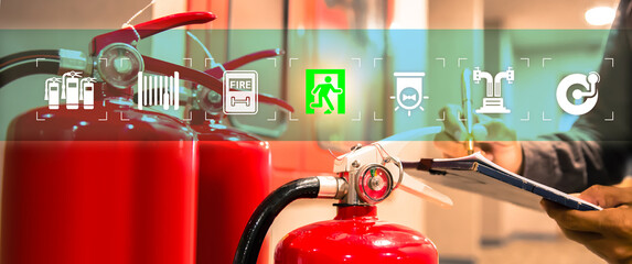 Fire extinguisher tank and engineer checking with prevent icons for protection or prepare fire...