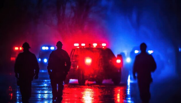Police Scene at Night with Flashing Red and Blue Lights and Blurred Background
