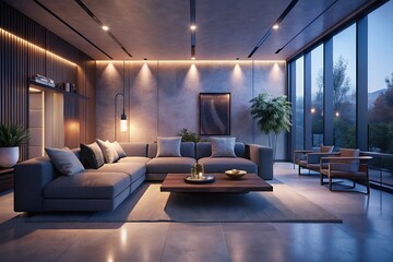 Tranquil Evening in a Modern Living Room, bathed in soft warm lighting and showcasing a sleek sectional sofa against a backdrop of large windows and a textured wall.