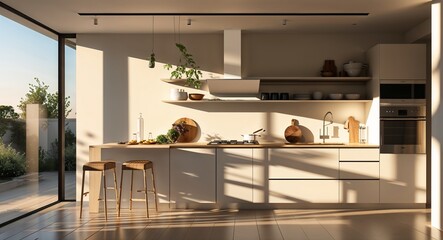 Minimalist kitchen with morning sunlight casting long shadows