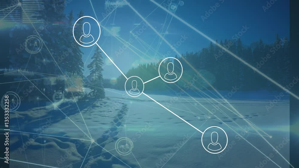 Poster network of connections and data processing animation over snowy forest landscape