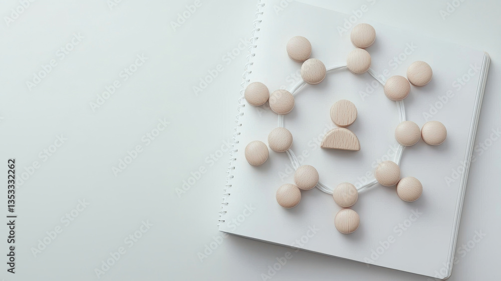 Poster top down view of notebook featuring circular arrangement of wooden figures, symbolizing connection a