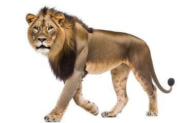 Side View of a Lion Walking While Looking at the Camera