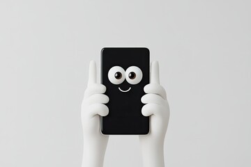 Animated Phone Character held by White Hands isolated on a Clean White Background