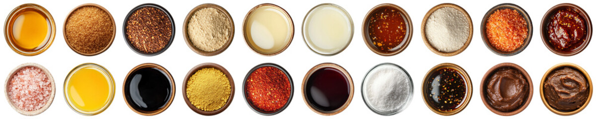 Varied Seasonings Displayed in Small Bowls, Showcasing a Colorful Array of Spices, Sauces, and...
