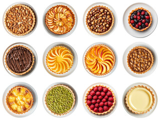 Colorful Variety of Delicious Tarts and Pastries Displayed on Plates, Showcasing a Feast of Flavors and Textures in a Beautiful Arrangement. Piquant food set.